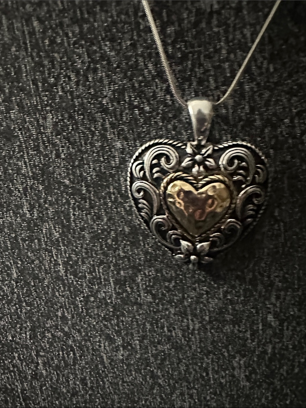 Large Two-Tone Hammered Heart Pendant — Silver and Gold Floral Filigree No chain